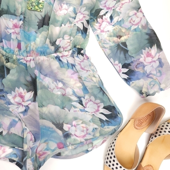 New Show Me Your Mumu Sheer Blue Green Pink Floral Rane Romper Sz S - Picture 4 of 13